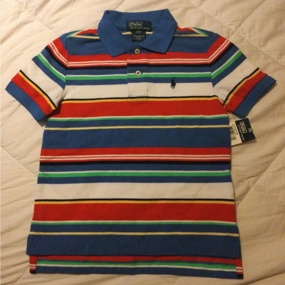 Polo Ralph Lauren 3T stripe cotton mesh Polo & red/navy blue diagonal stripe tee